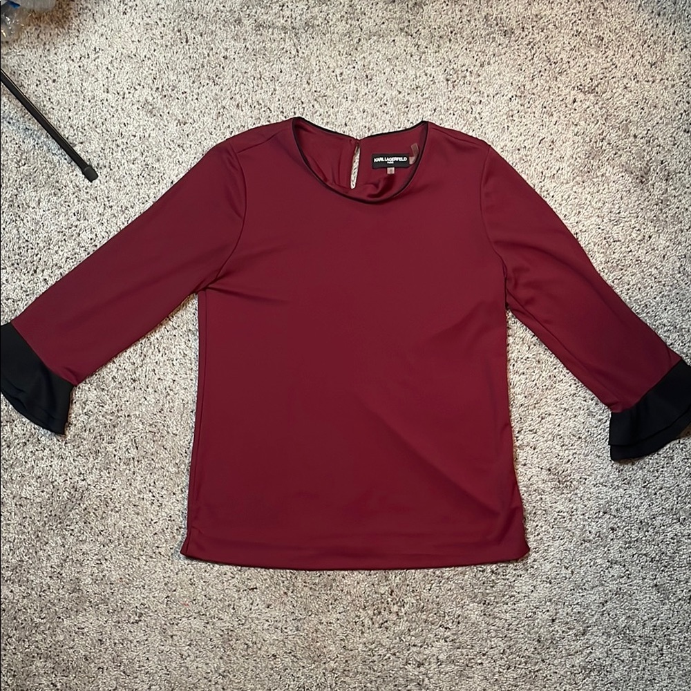 Karl Lagerfeld Top Womens Small Magenta Pink‎ 3/4 Sleeve Flutter Cuff Keyhole